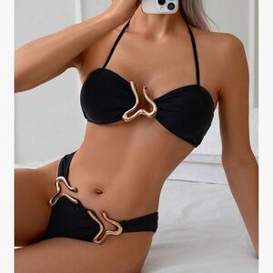 Black and Gold Bikini Swimwear with Triangle Top